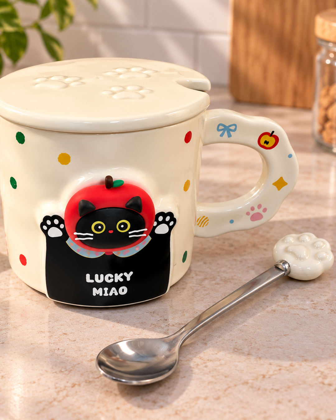 Κεραμική Πουά Κούπα Lucky Miao με Μαγνητικό Γατάκι, Καπάκι και Κουταλάκι 2 Κεραμική Πουά Κούπα Lucky Miao με Μαγνητικό Γατάκι, Καπάκι και Κουταλάκι - Image 2
